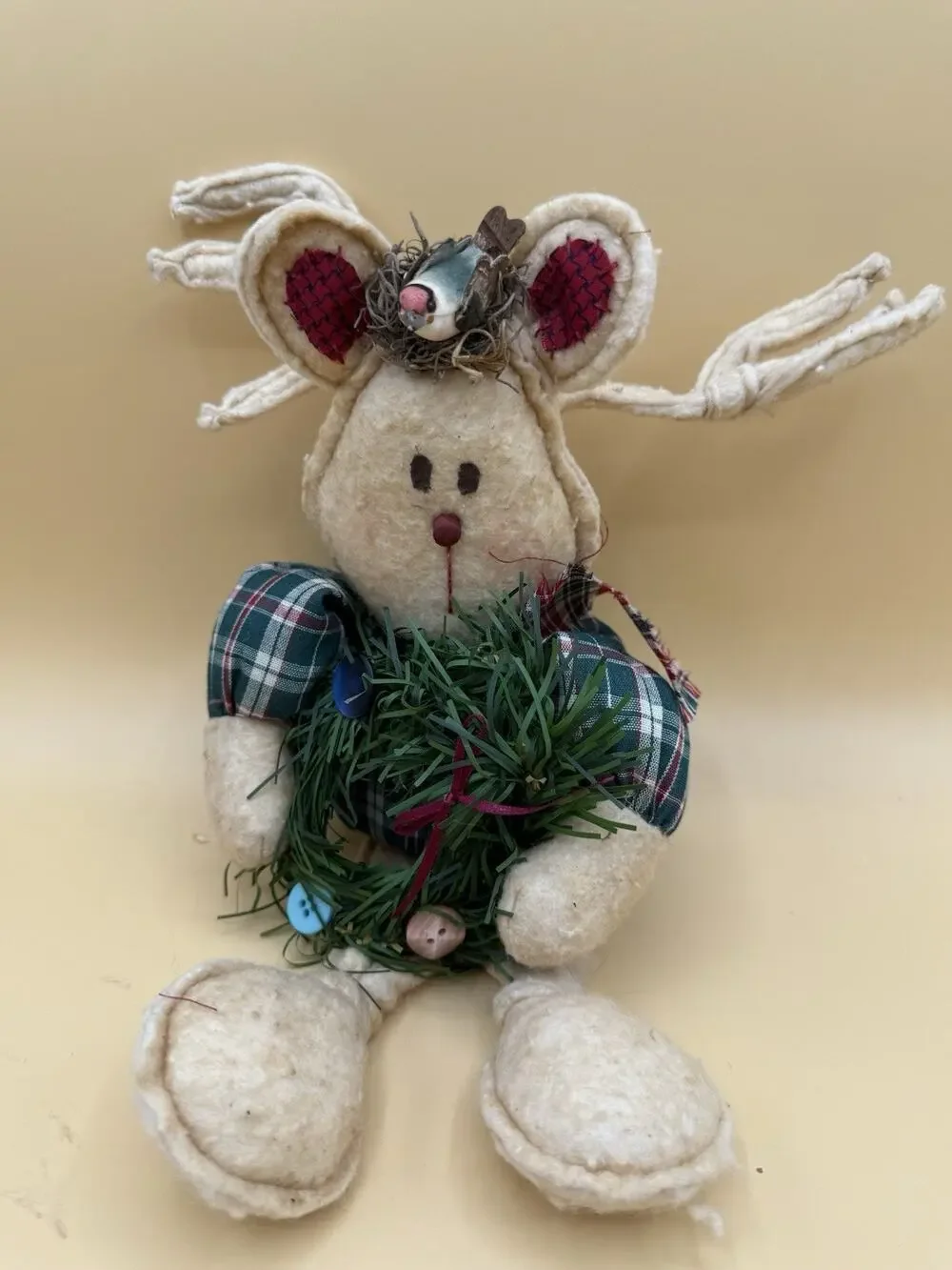 Primitive Handmade Reindeer Shelf Sitter Christmas Folk Art Wreath Decor 13”